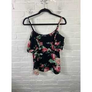 Bobeau Women's Floral Cold Shoulder Blouse Top Spaghetti Strap Black Size L